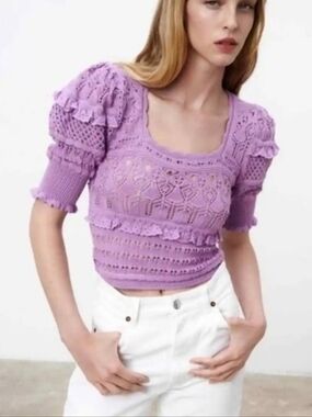 Zara Pointelle Knit Crochet Top Lilac Sz Small